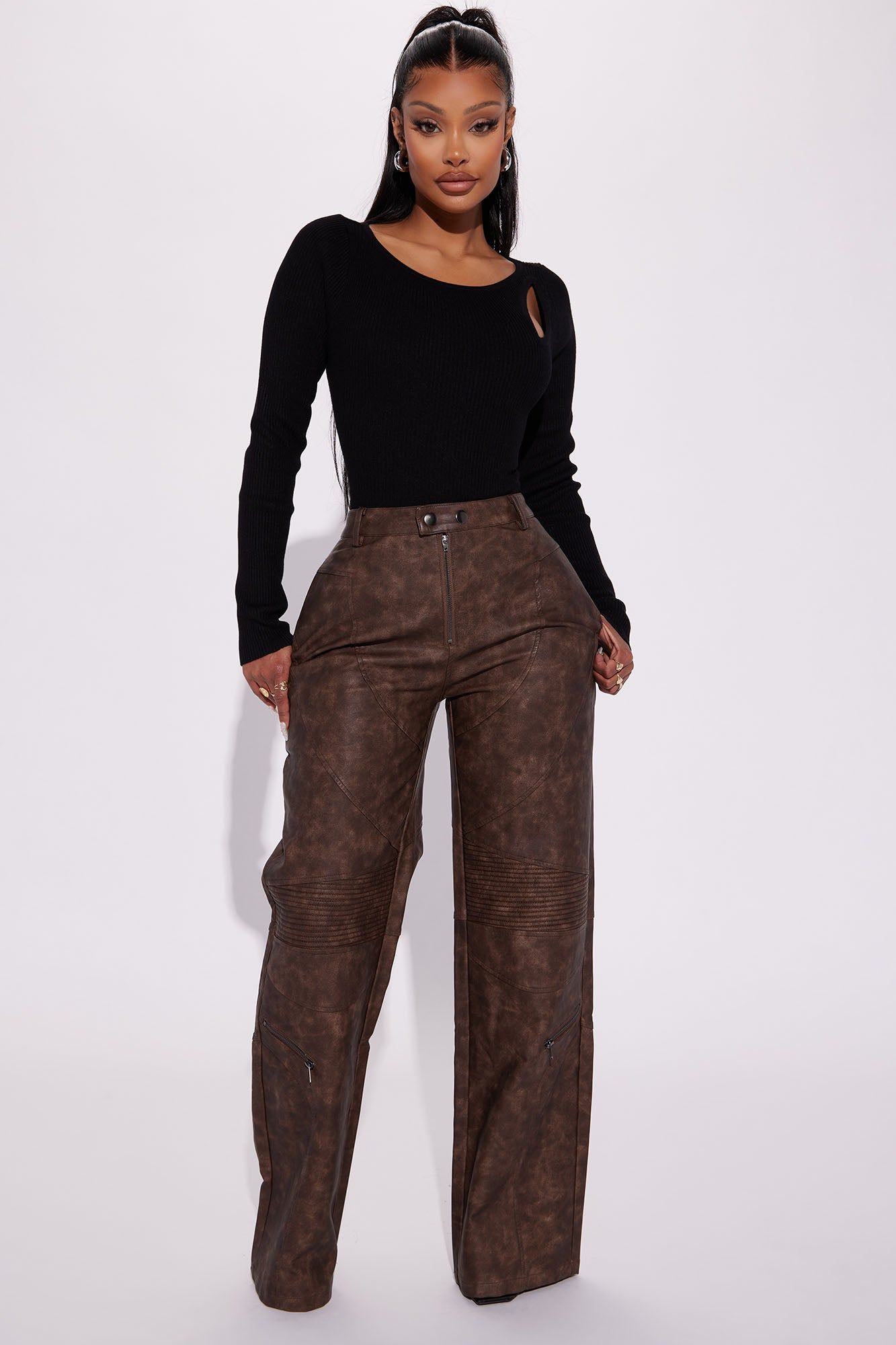Trending Washed Faux Leather Moto Pant - Brown sold by Fashion Nova
