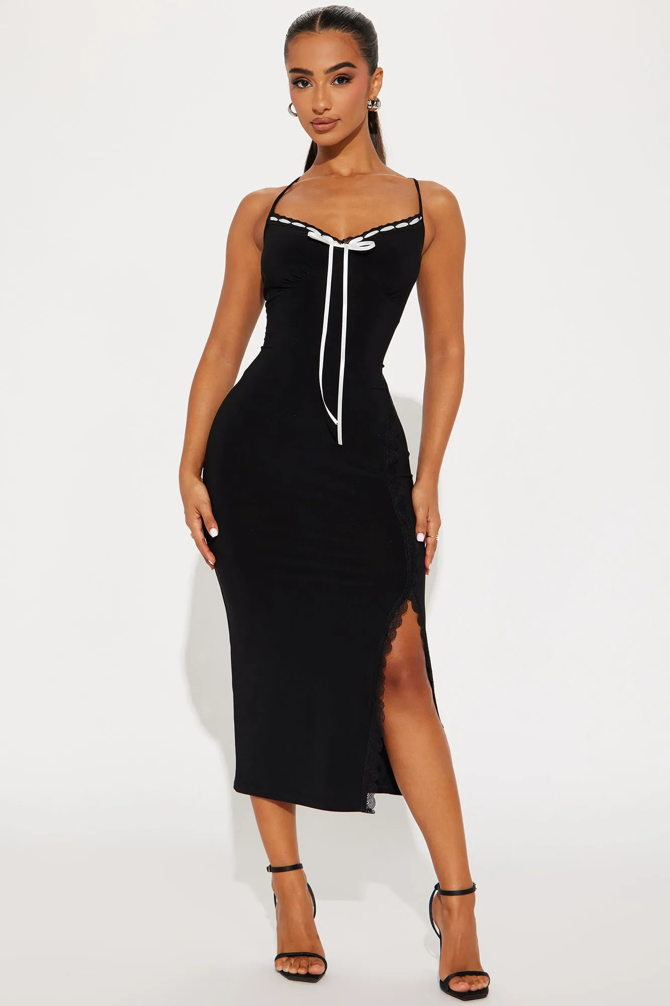 A Little Flirtation Lace Trim Midi Dress - Black sold by Fashion Nova