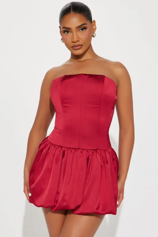 Sweet Like A Cherry Bubble Satin Mini Dress - Wine sold by Fashion Nova