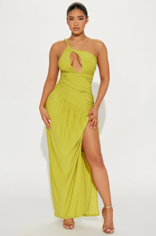 Alessia Ruched Maxi Dress - Chartreuse sold by Fashion Nova