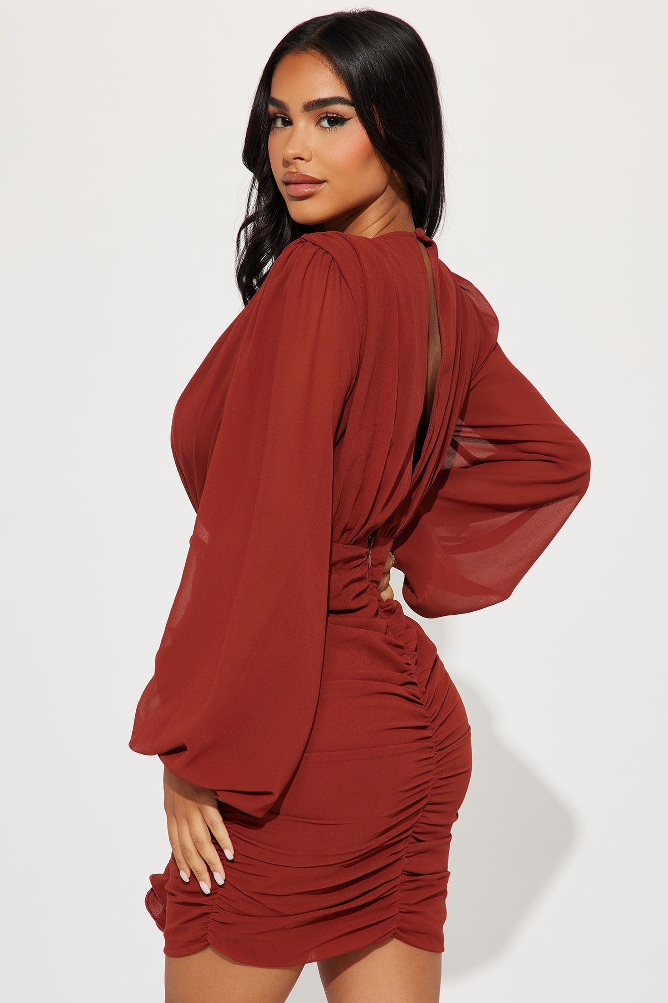 About The Business Ruched Mini Dress - Cognac sold by Fashion Nova product image thumbnail 3