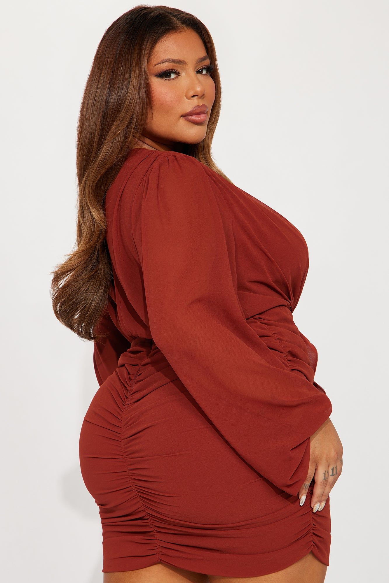 About The Business Ruched Mini Dress - Cognac sold by Fashion Nova product image thumbnail 6