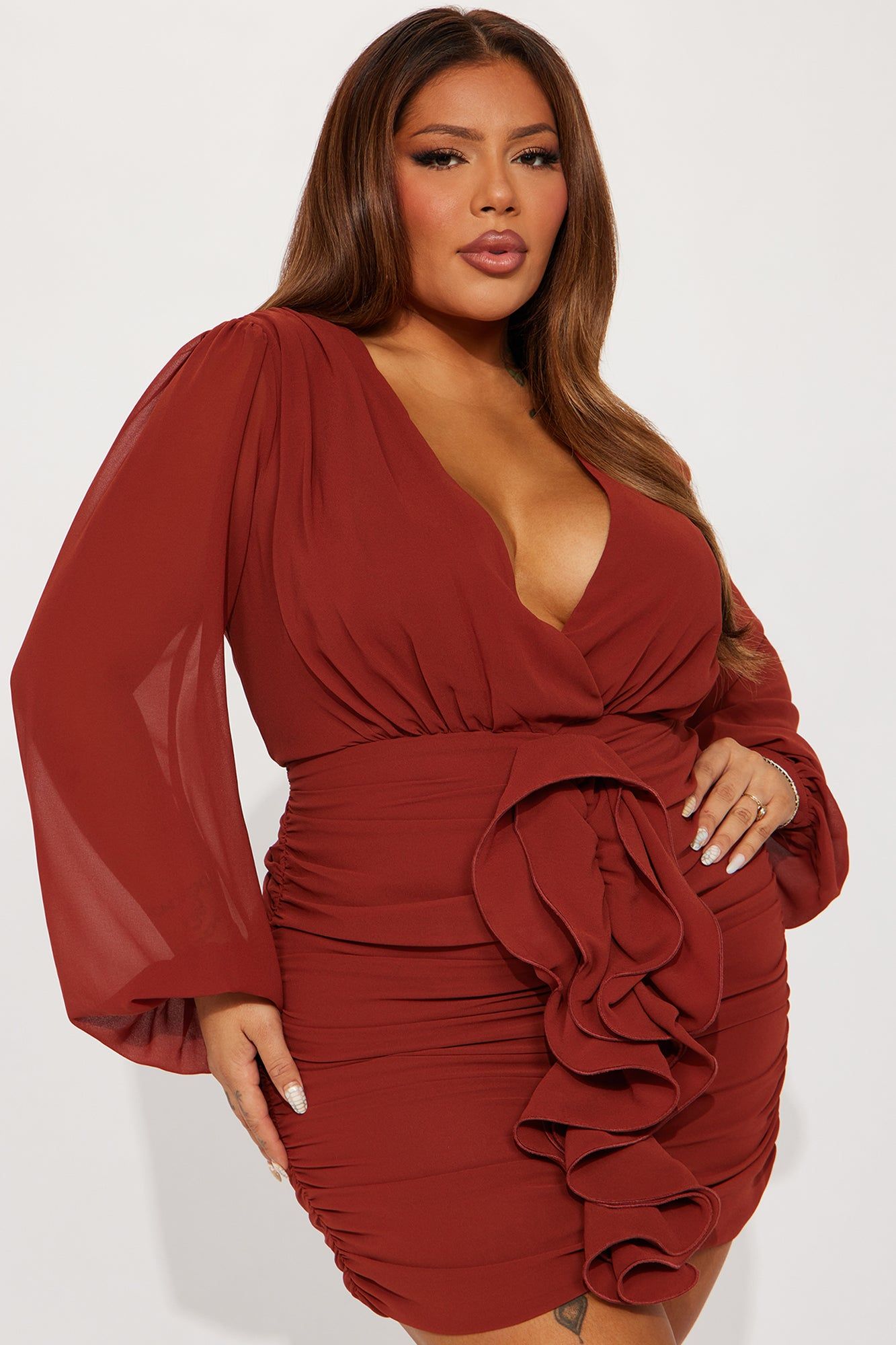 About The Business Ruched Mini Dress - Cognac sold by Fashion Nova product image thumbnail 4
