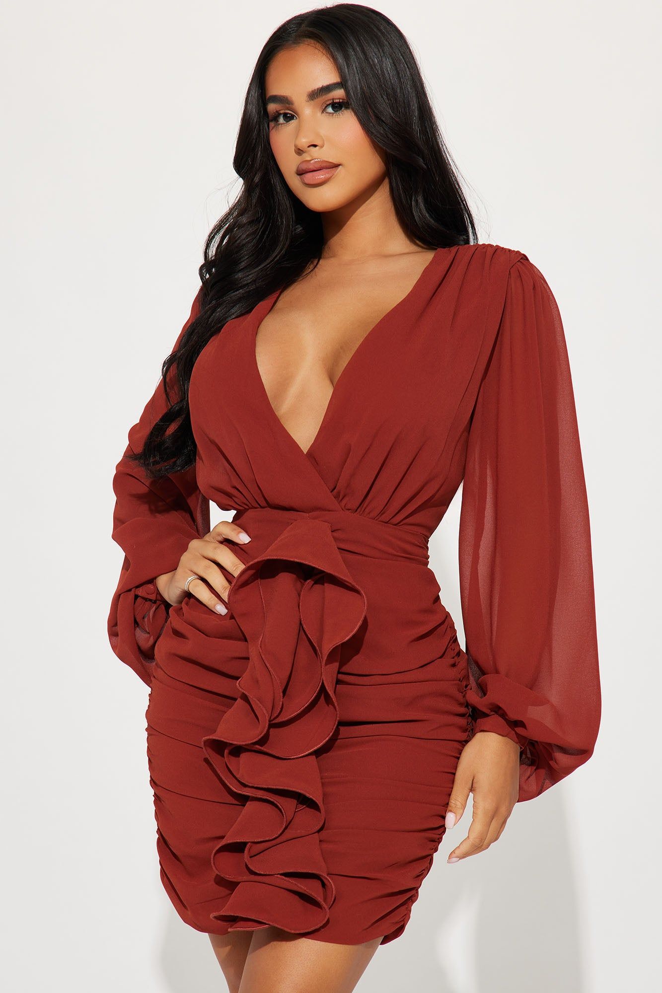 About The Business Ruched Mini Dress - Cognac sold by Fashion Nova