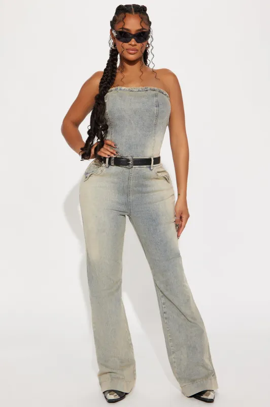 All My Energy Belted Denim Jumpsuit - Light Wash sold by Fashion Nova