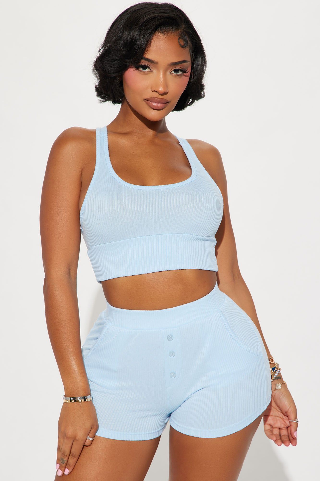 Choosing Comfort Ribbed PJ Short Set - Light Blue sold by Fashion Nova