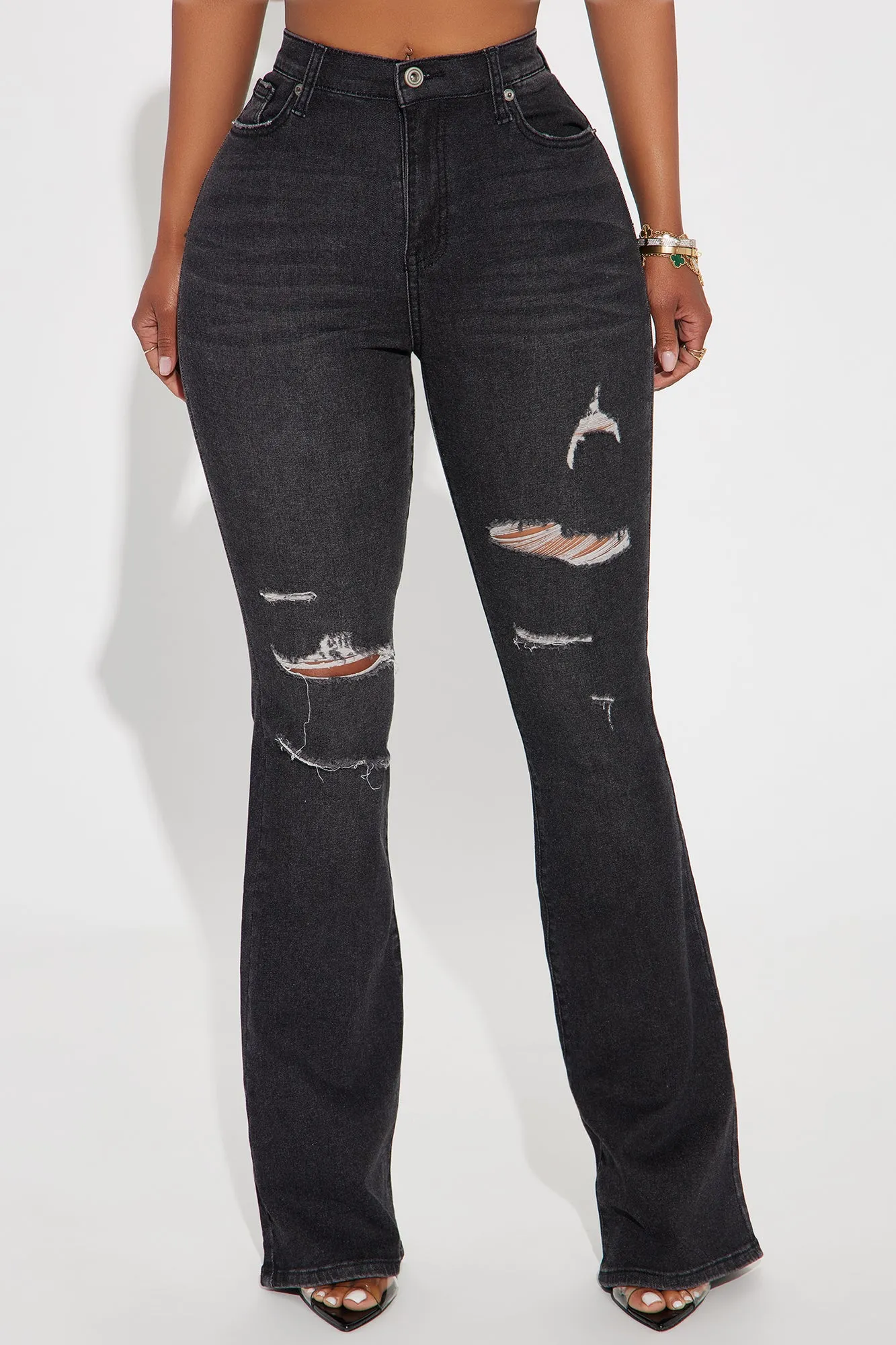 Put On A Show Ripped Stretch Flare Jeans - Black Wash sold by Fashion Nova product image thumbnail 2