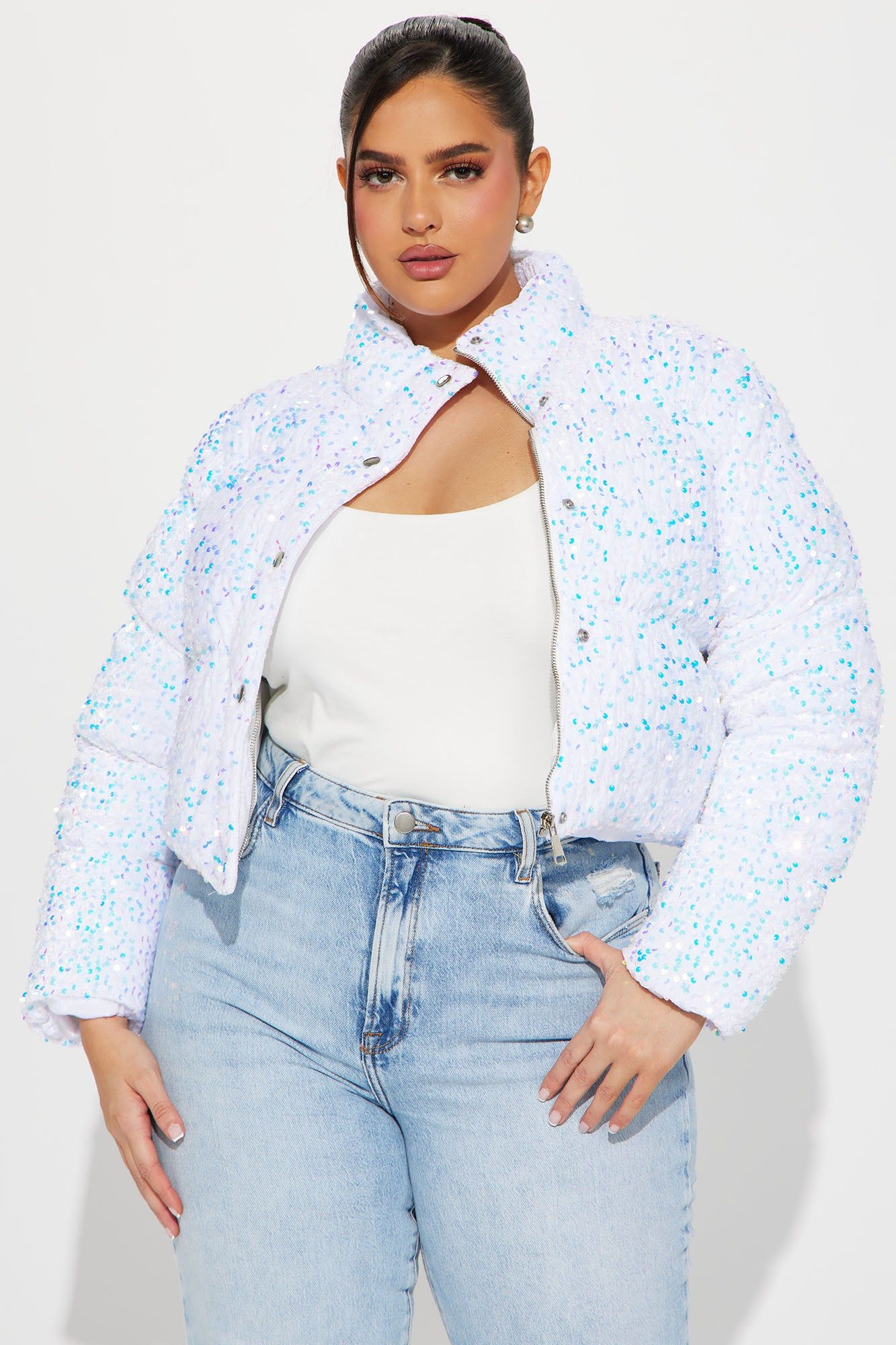 Allure Sequin Puffer Jacket - White sold by Fashion Nova product image thumbnail 4