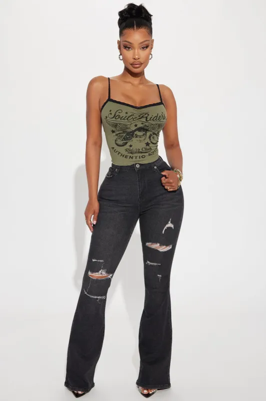 Put On A Show Ripped Stretch Flare Jeans - Black Wash sold by Fashion Nova