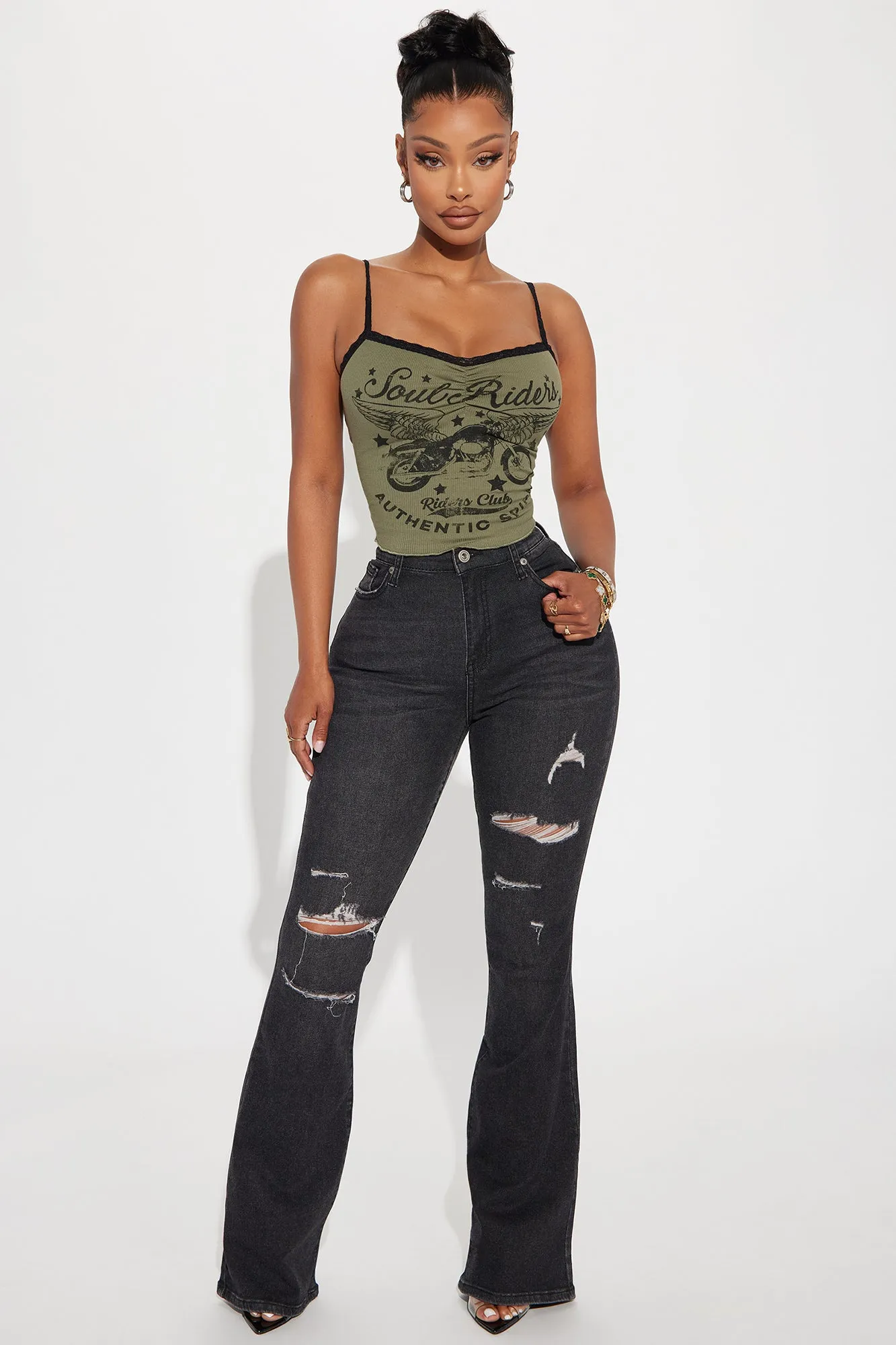 Put On A Show Ripped Stretch Flare Jeans - Black Wash sold by Fashion Nova