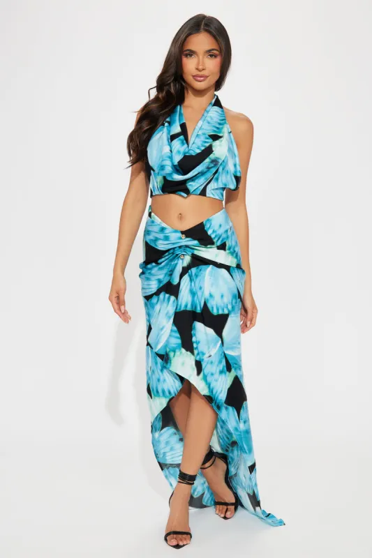 Butterfly Kiss Satin Skirt Set - Blue/combo sold by Fashion Nova