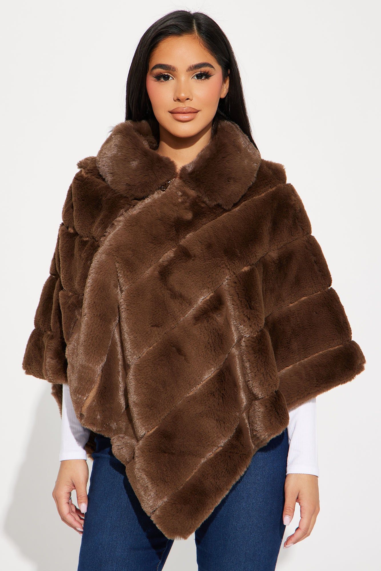 Wine and Dine Faux Fur Poncho - Brown sold by Fashion Nova