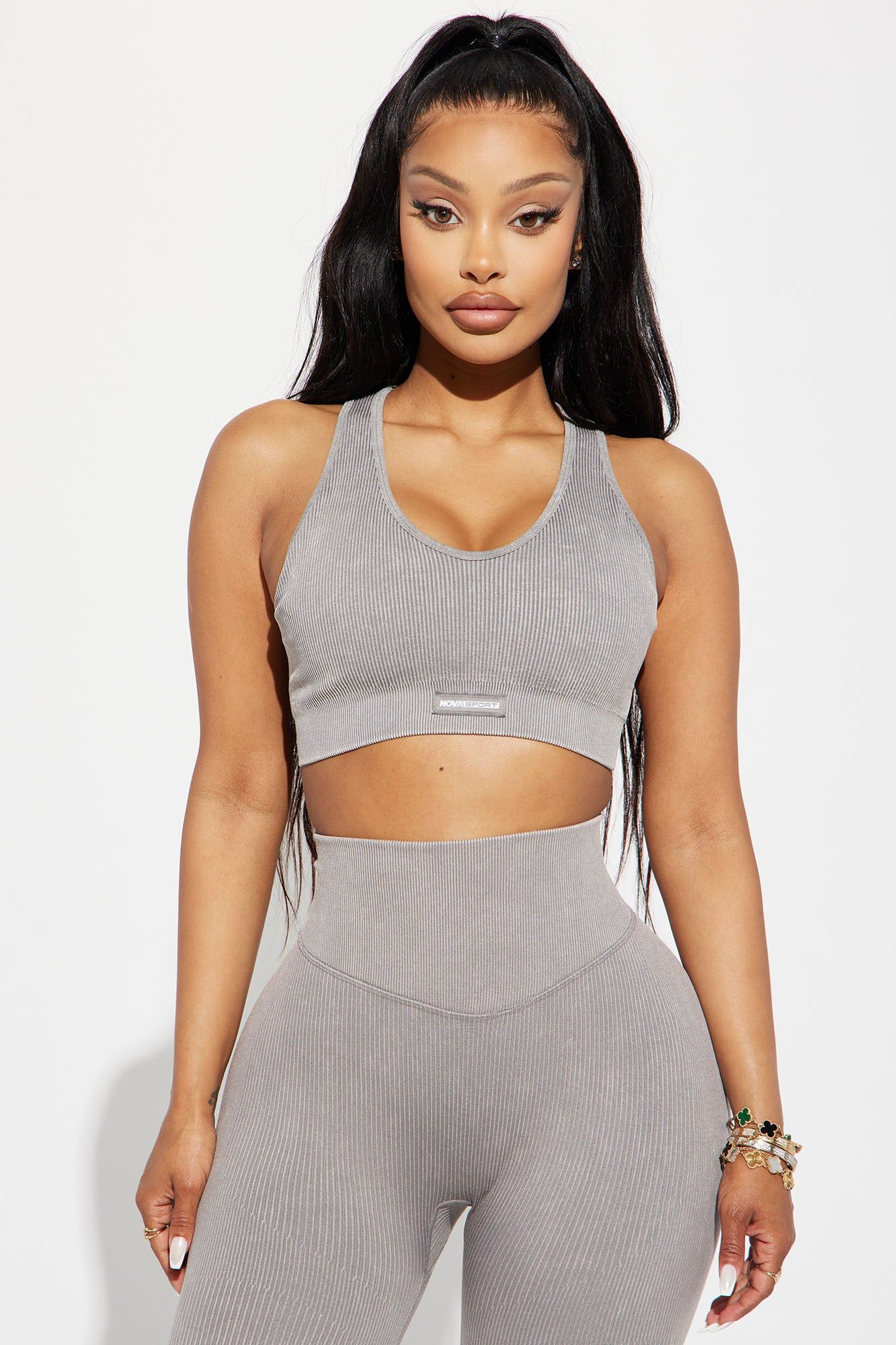 Sadie Washed Ribbed Seamless Active Sports Bra - Charcoal sold by Fashion Nova
