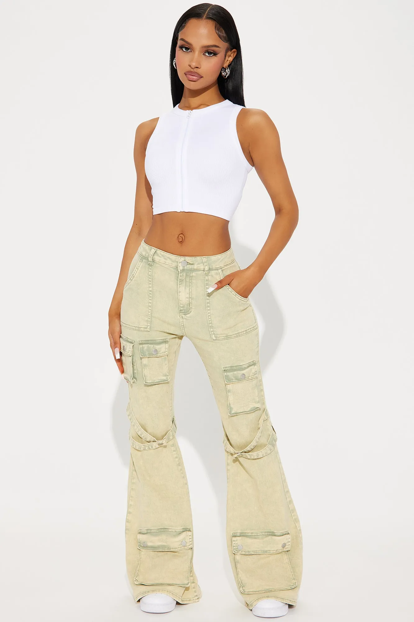 Feeling Free Mineral Washed Flare Pant - Green sold by Fashion Nova