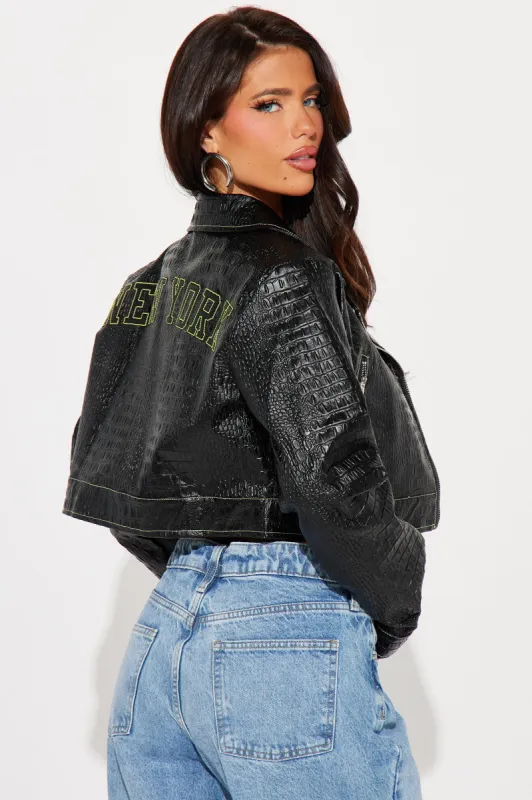 New York Girl Faux Leather Croc Bolero Jacket - Black sold by Fashion Nova