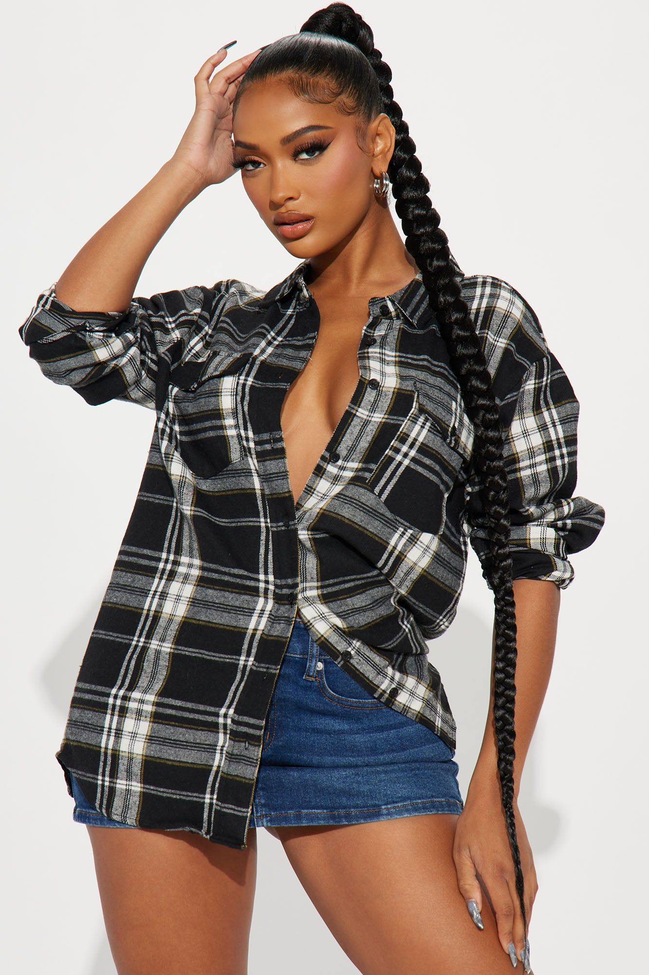 Casual Nights Oversized Plaid Shirt - Black/combo sold by Fashion Nova