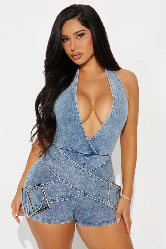 Buckle Up Denim Romper - Medium Wash sold by Fashion Nova