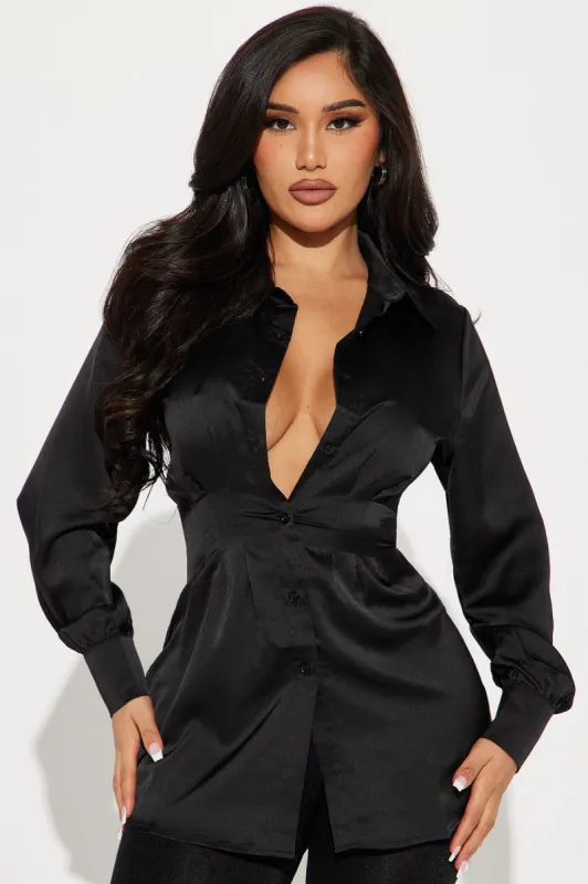 Business Meeting Satin Shirt - Black sold by Fashion Nova