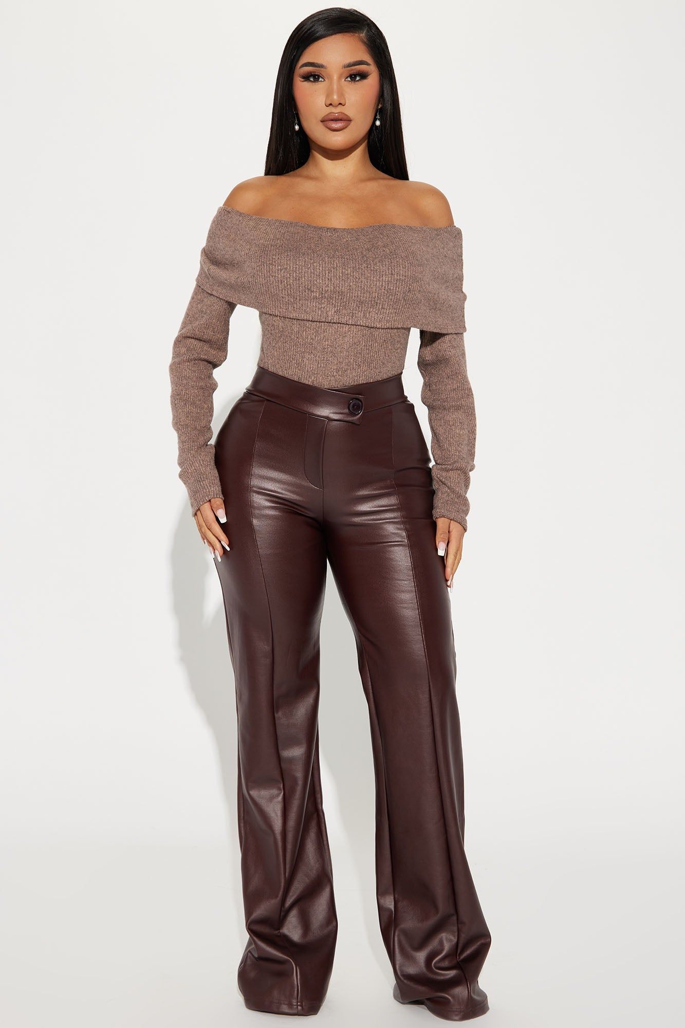 Call It Even Faux Leather Dress Pants - Chocolate sold by Fashion Nova