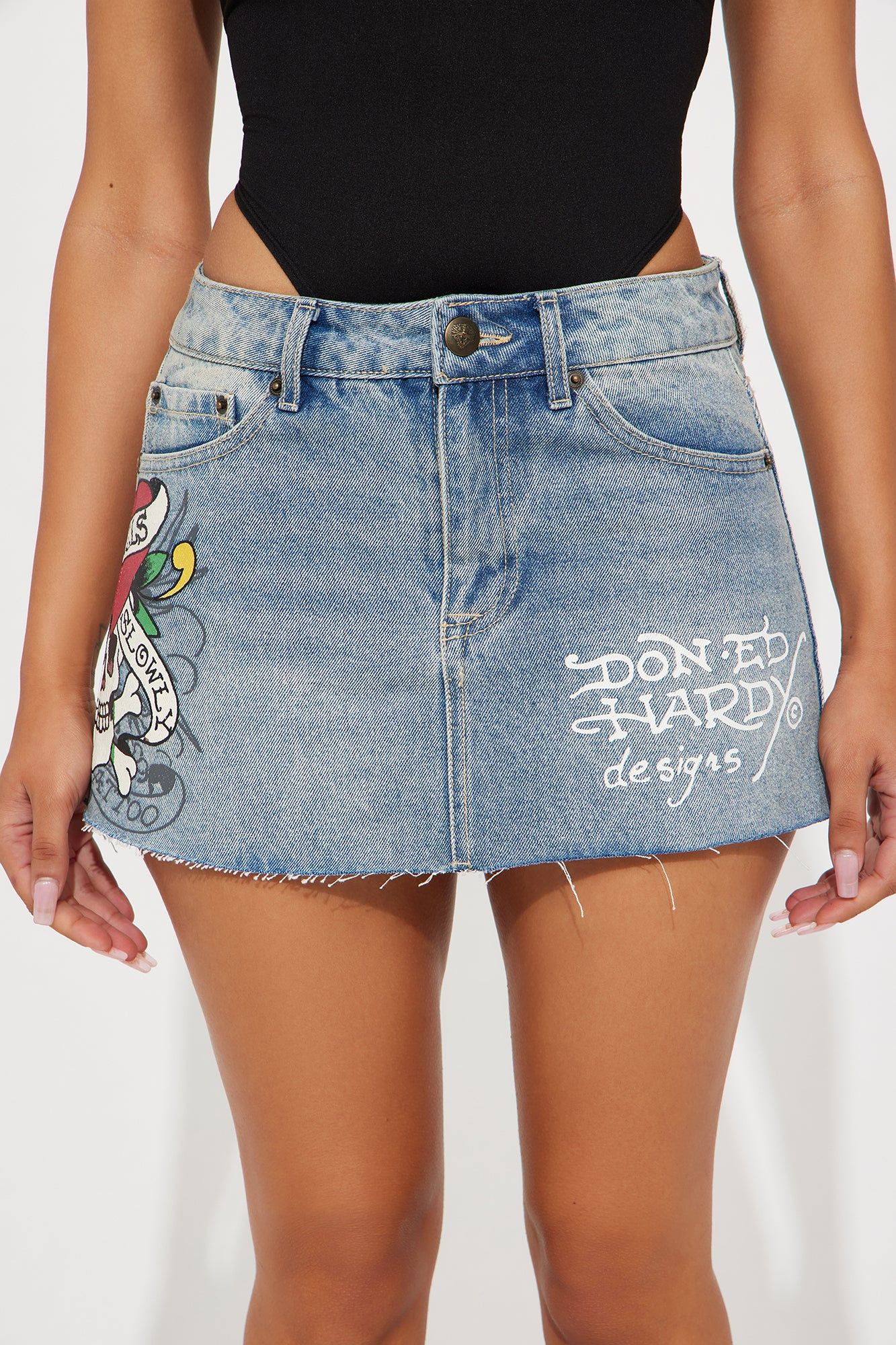 Ed Hardy Skull Denim Mini Skirt - Light Wash sold by Fashion Nova product image thumbnail 3