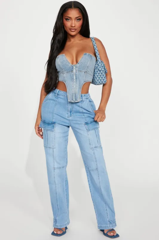 Big Decisions Non Stretch Cargo Jeans - Light Wash sold by Fashion Nova