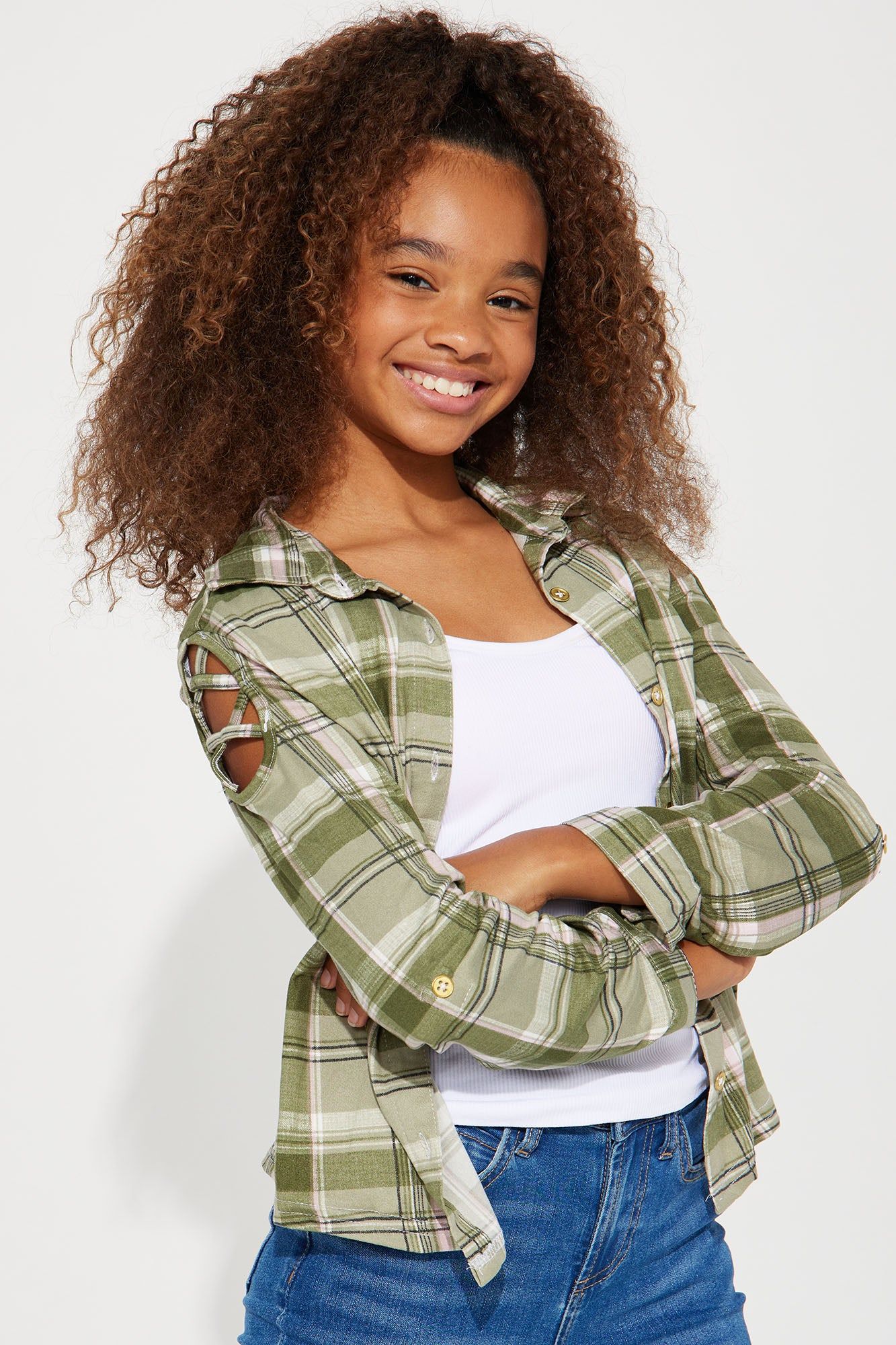 Mini Long Sleeve Knit Plaid Shirt - Sage/combo sold by Fashion Nova