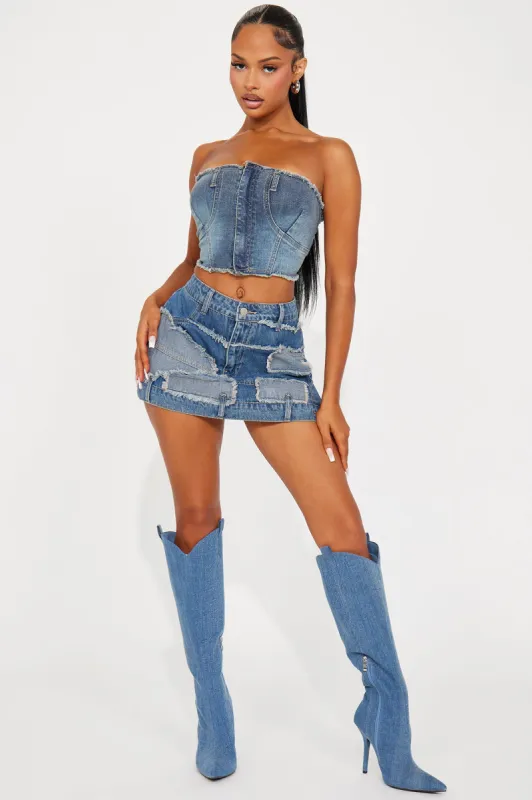 Torn Over You Patchwork Denim Mini Skirt - Dark Wash sold by Fashion Nova