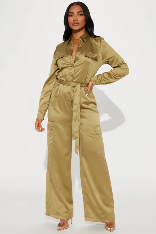 Get With It Satin Jumpsuit - Olive sold by Fashion Nova