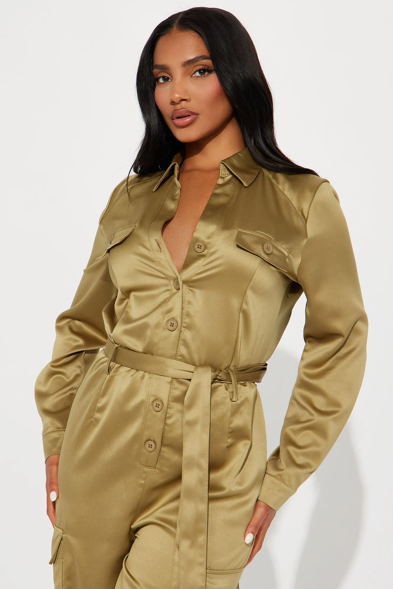Get With It Satin Jumpsuit - Olive sold by Fashion Nova product image thumbnail 2