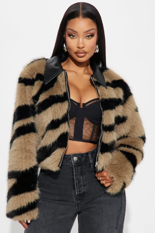 Tamara Faux Fur Coat - Taupe/combo sold by Fashion Nova