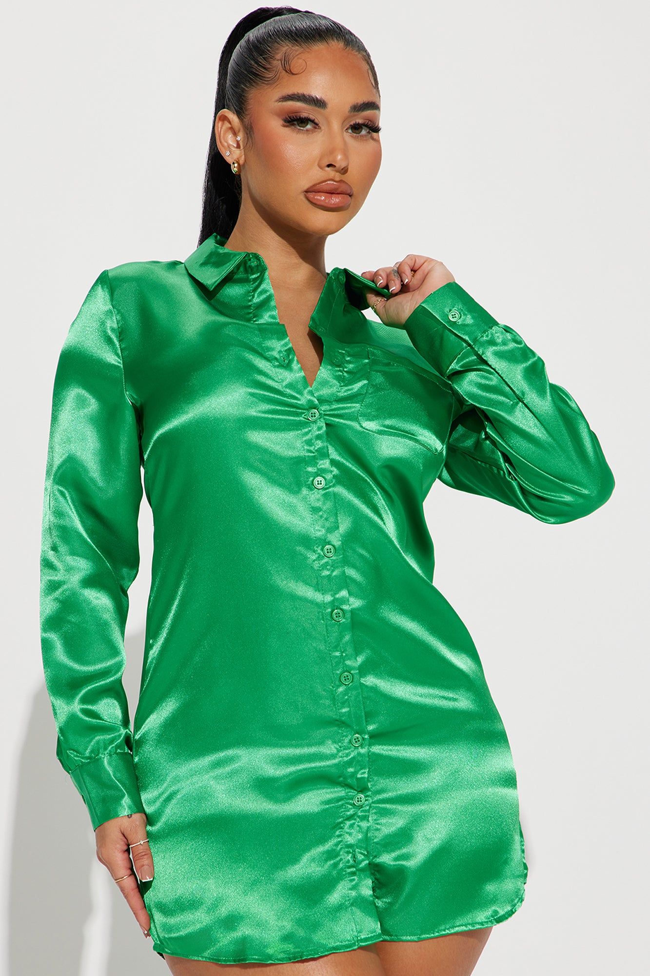 Gillian Satin Shirt Mini Dress - Green sold by Fashion Nova