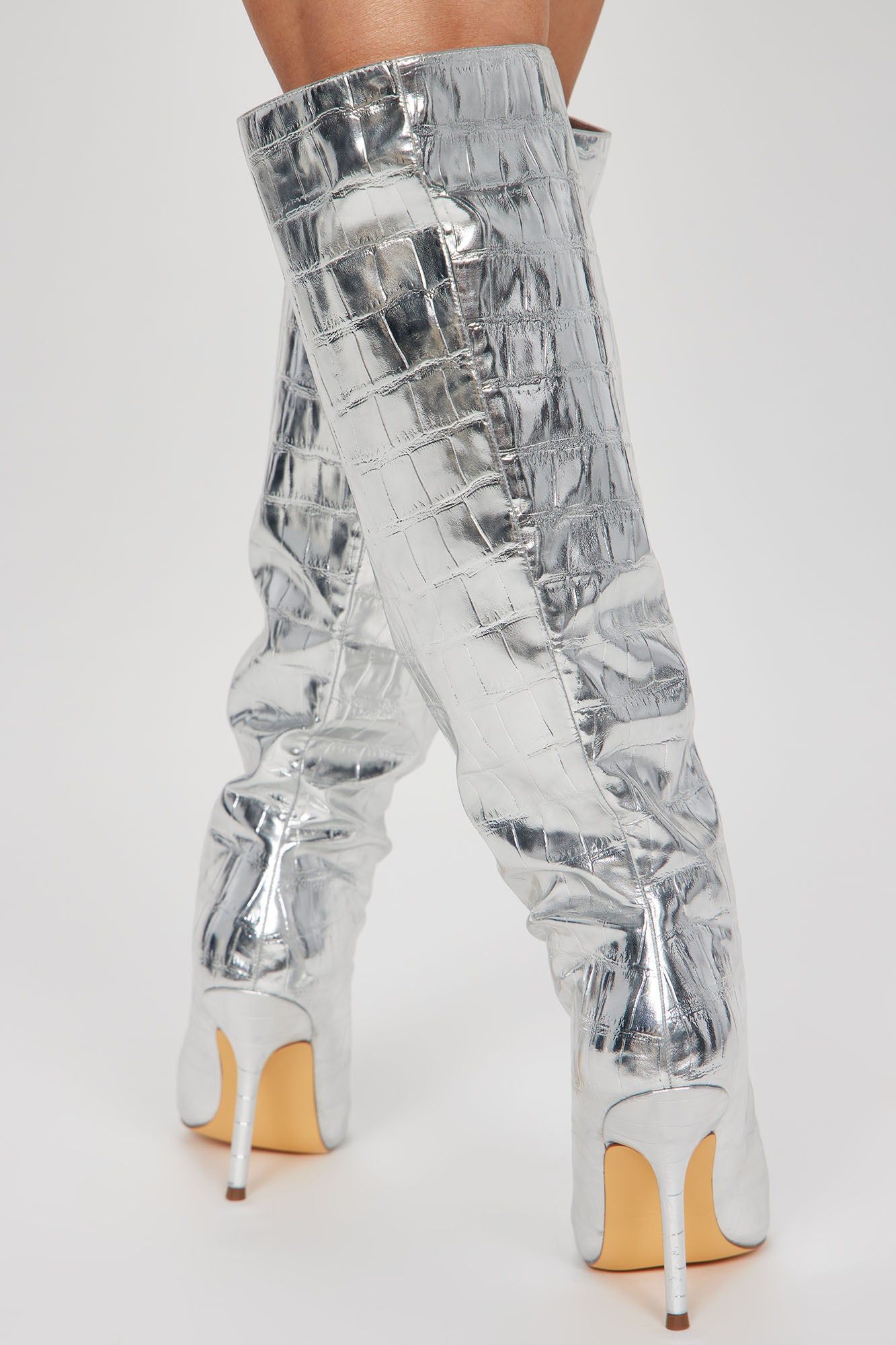 Wynter Knee High Metallic Boots - Silver sold by Fashion Nova product image thumbnail 4