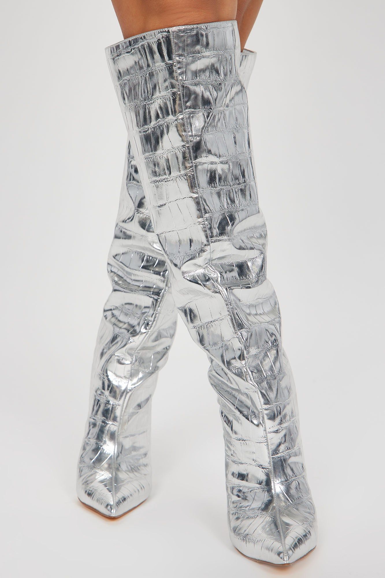 Wynter Knee High Metallic Boots - Silver sold by Fashion Nova product image thumbnail 2