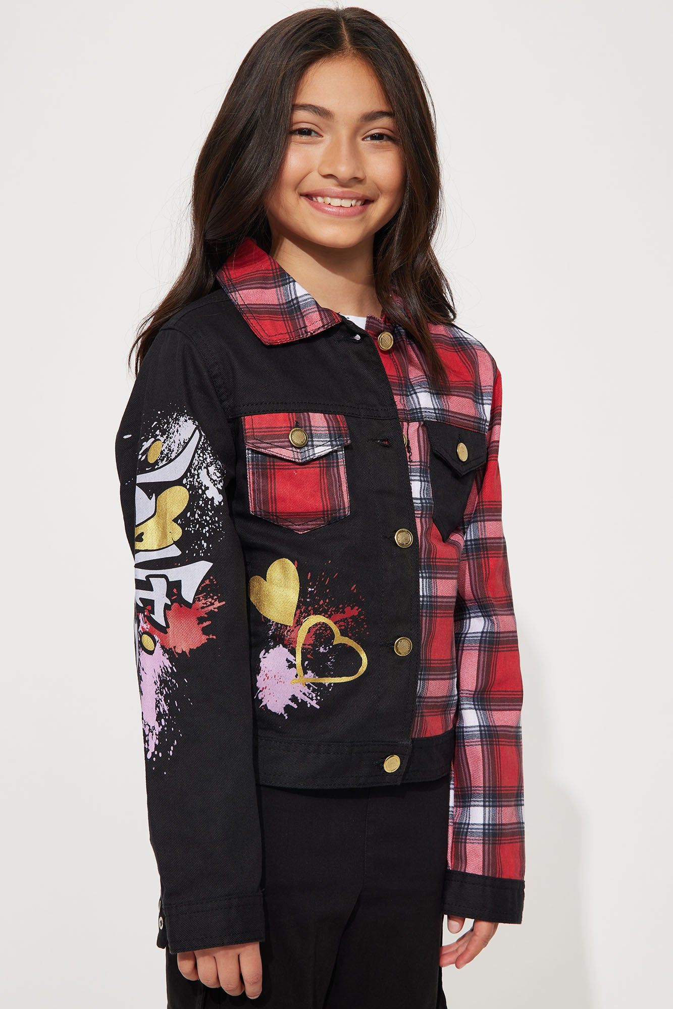 Mini Mixed Media Foil Denim Jacket - Black/Red sold by Fashion Nova