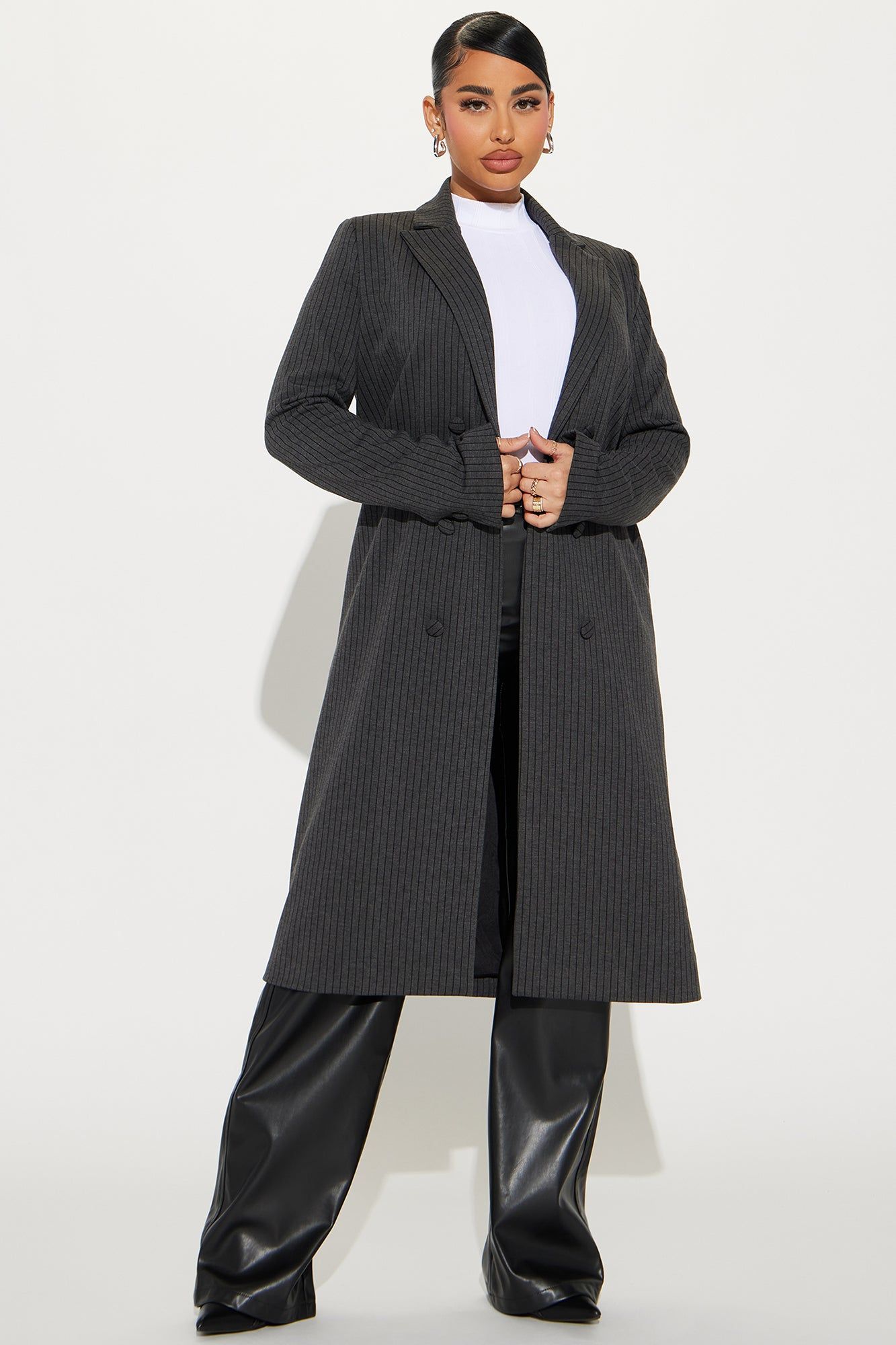 Business Dinners Pinstripe Blazer - Charcoal sold by Fashion Nova