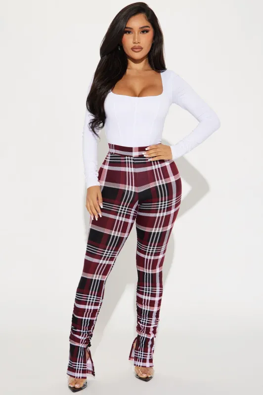 Got It Stacked Pant - Burgundy/combo sold by Fashion Nova