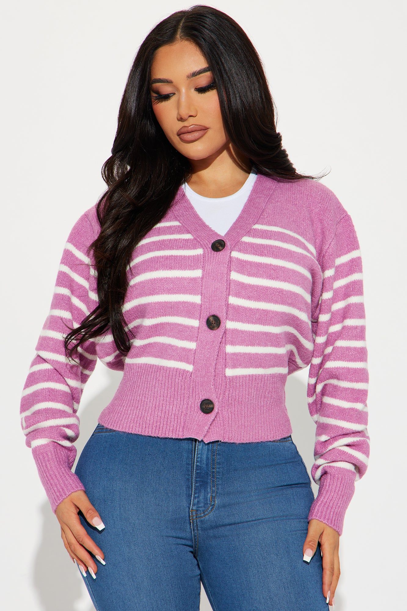 Polly Striped Cardigan - Purple/combo sold by Fashion Nova