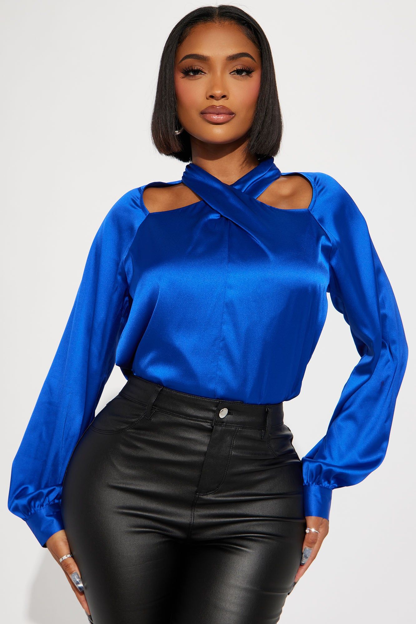 I Am The Gift Satin Blouse - Royal sold by Fashion Nova