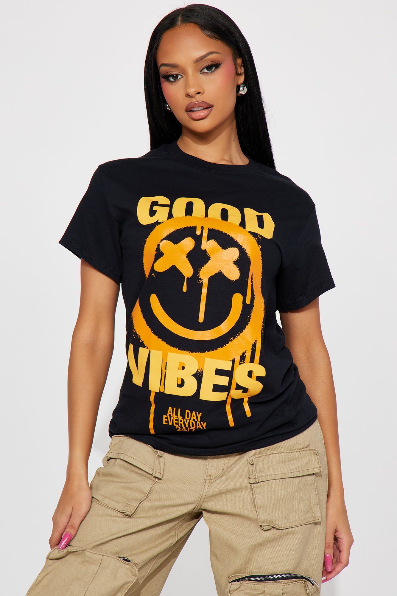 Good Vibes Smiley Face Graphic Tee - Black sold by Fashion Nova