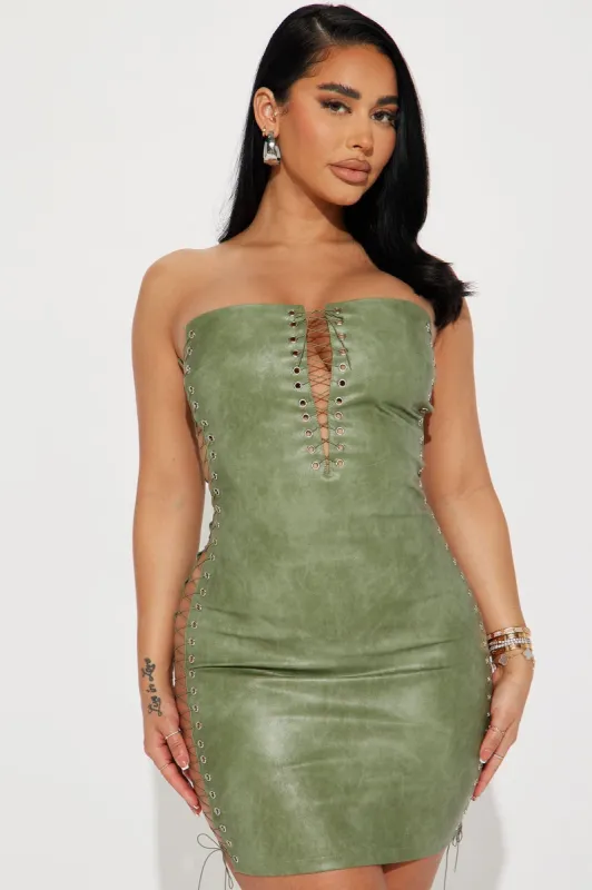 Cassie Leather Mini Dress - Olive sold by Fashion Nova
