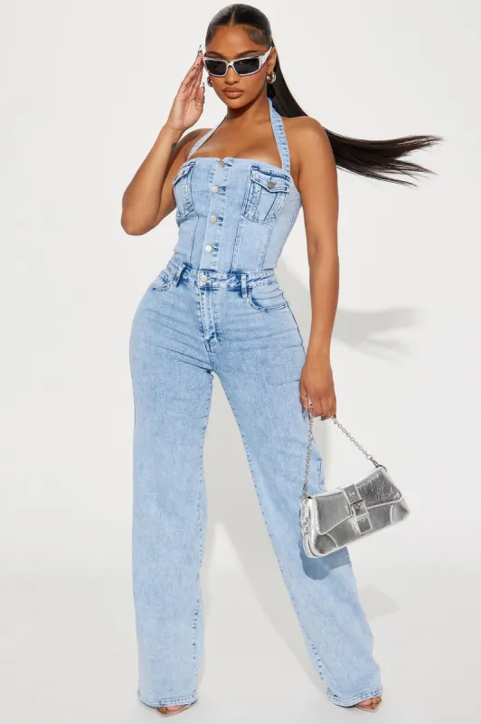 Stay Around Denim Jumpsuit - Light Wash sold by Fashion Nova