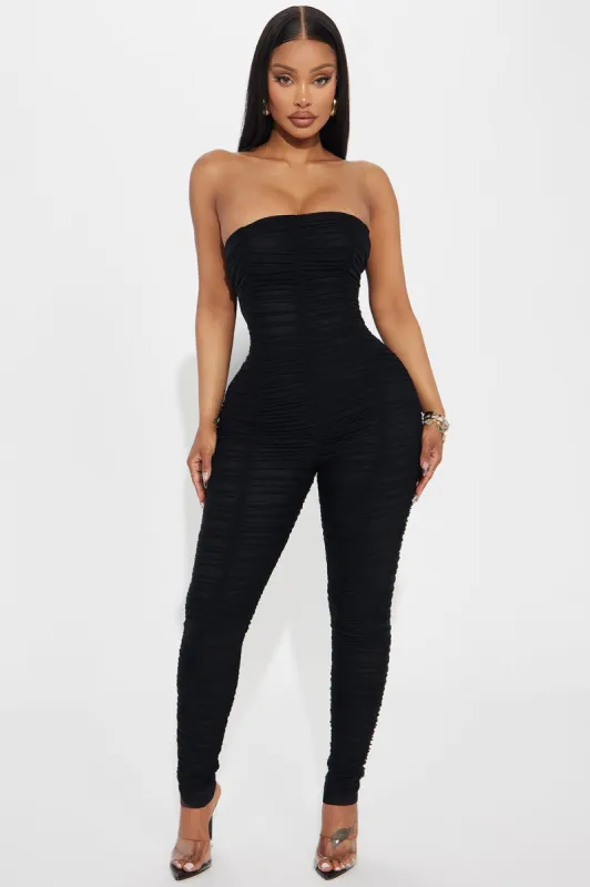 What It Is Mesh Jumpsuit - Black sold by Fashion Nova
