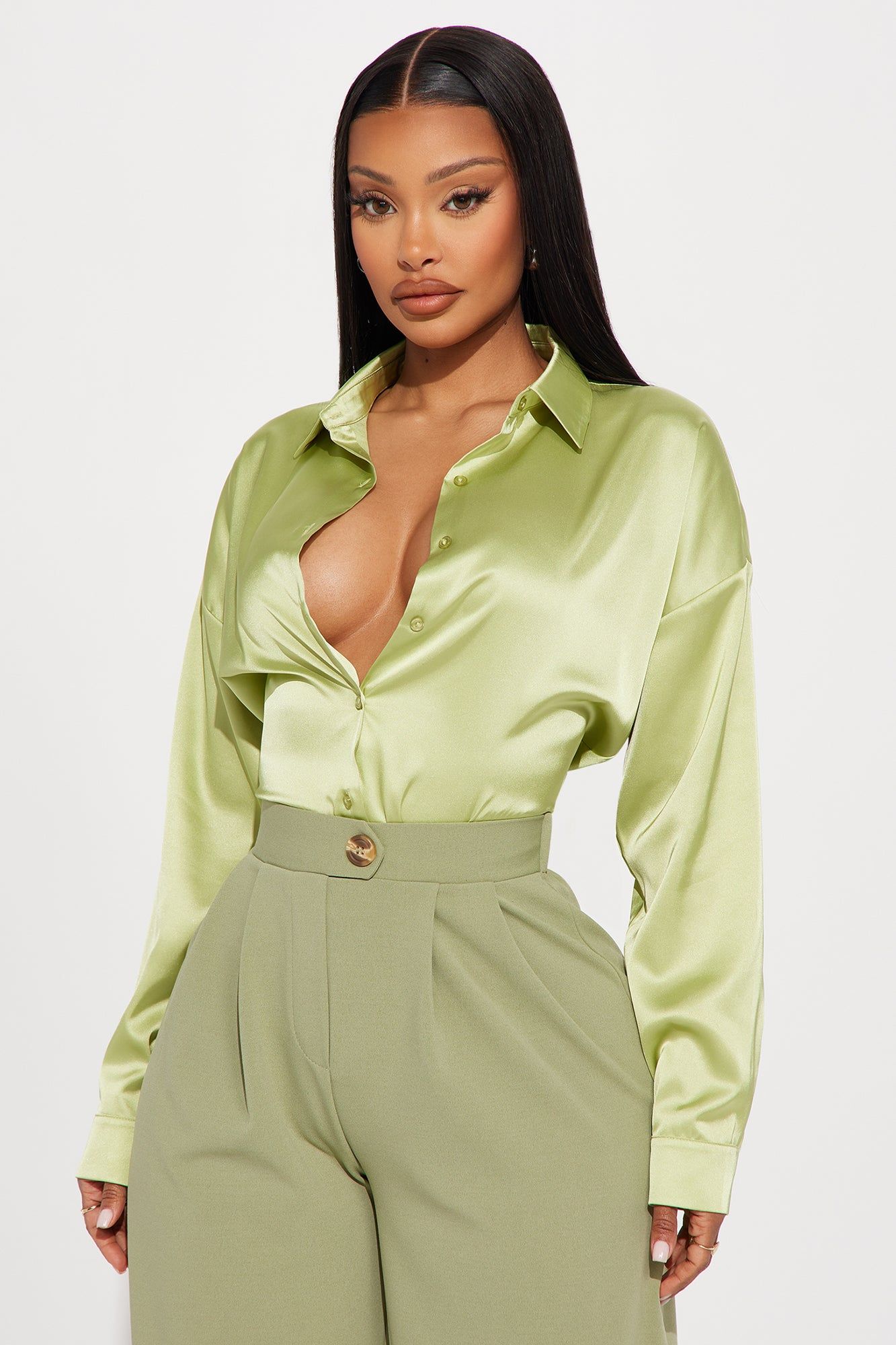 Ariel Satin Shirt - Green sold by Fashion Nova
