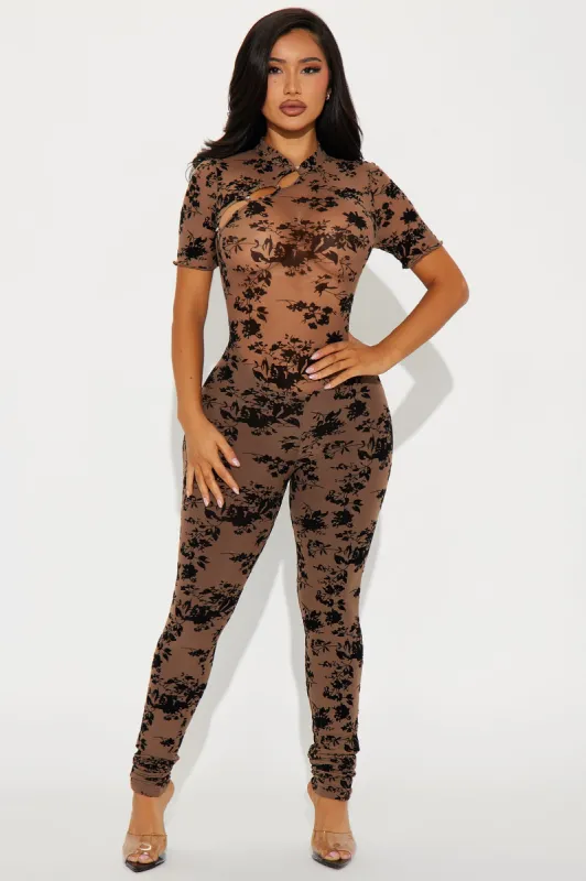 Raelynn Short Sleeve Mesh Jumpsuit - Brown sold by Fashion Nova