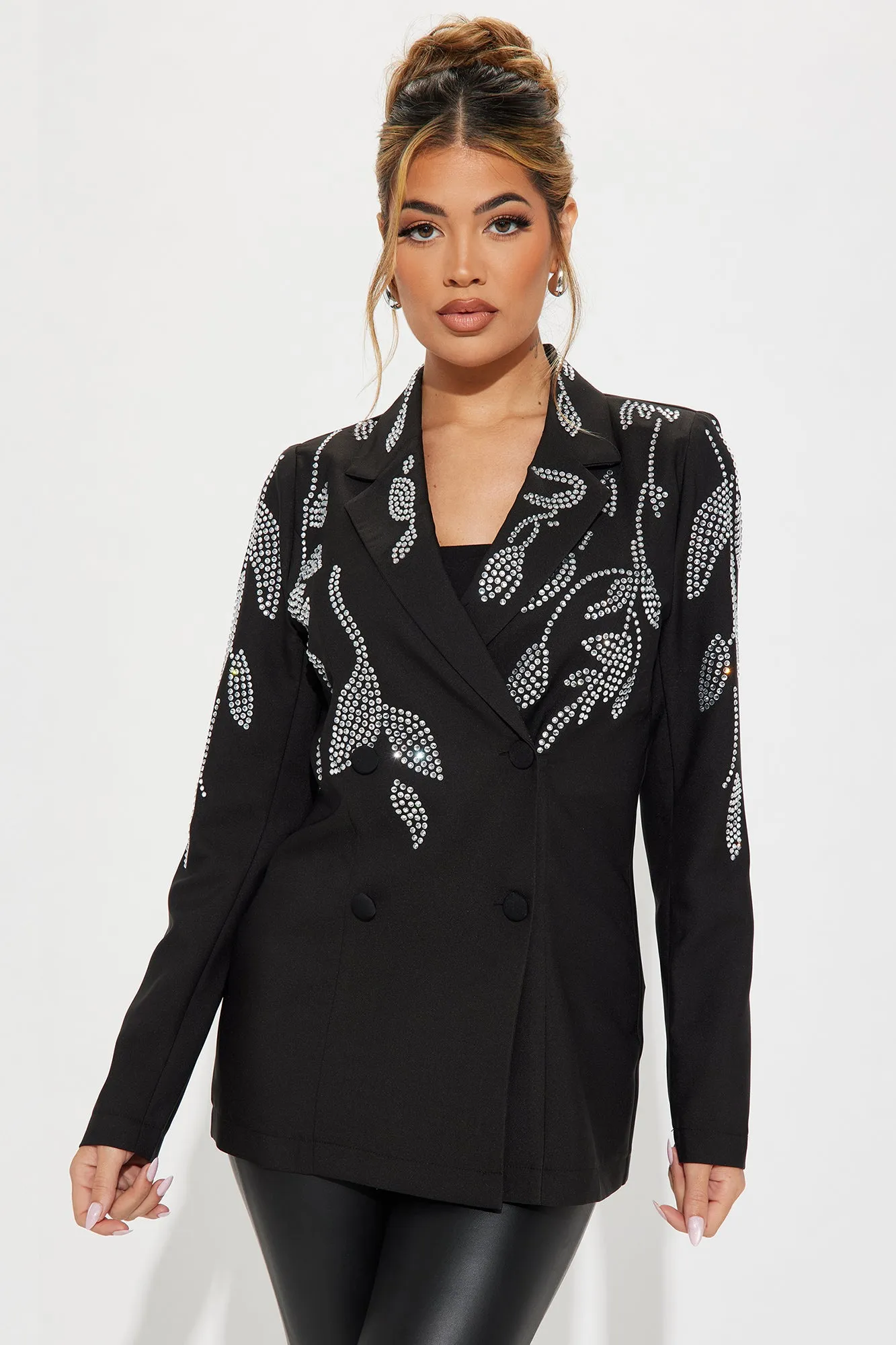 Stand Out Rhinestone Blazer - Black sold by Fashion Nova
