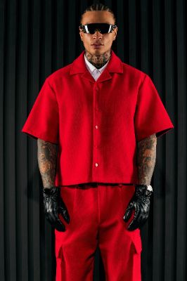 Wilder Textured Weave Cropped Button Up Shirt - Red sold by Fashion Nova