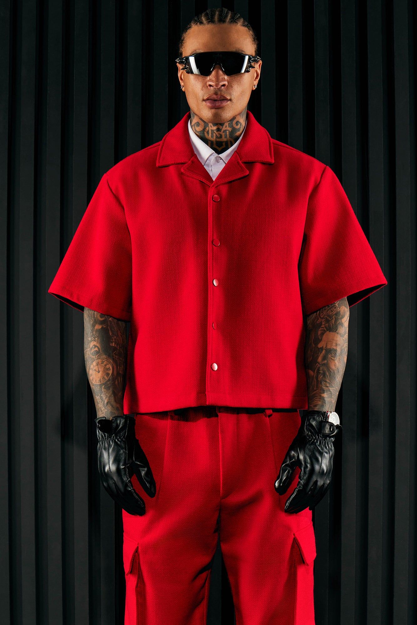 Wilder Textured Weave Cropped Button Up Shirt - Red sold by Fashion Nova