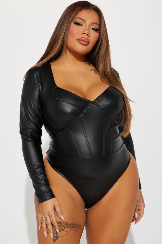 Something To Consider PU Bodysuit - Black sold by Fashion Nova