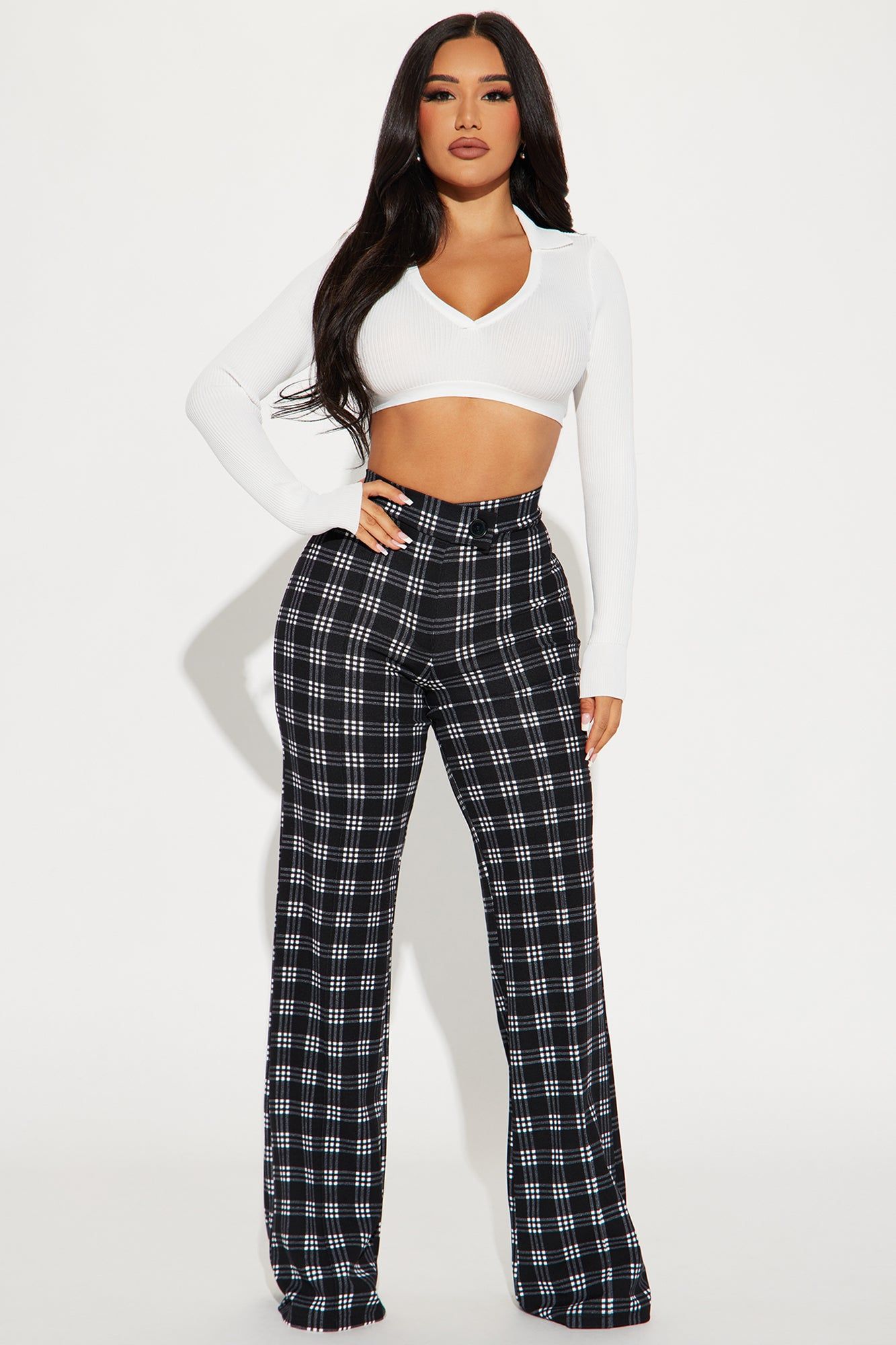 Call It Even Wide Leg Plaid Dress Pant - Black/White sold by Fashion Nova