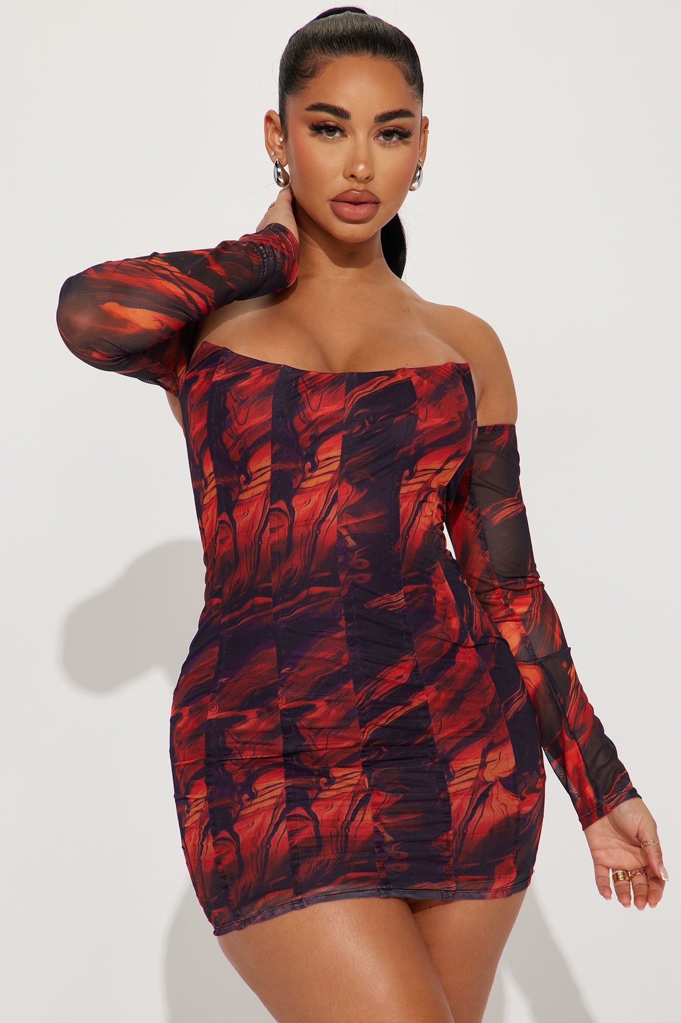 Hazel Mesh Mini Dress - Red/combo sold by Fashion Nova